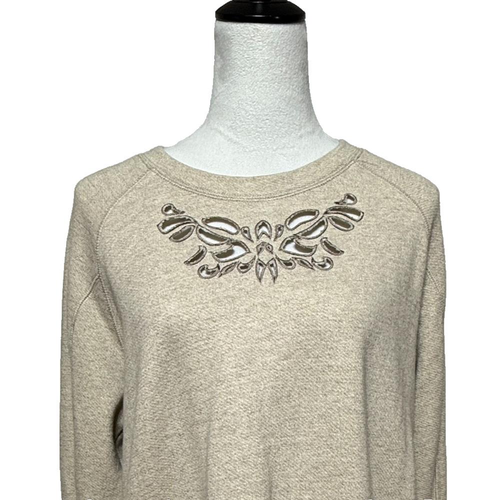 Soft Surrounding Sweatshirt Large Beige Laser Cut Out Zip Hem Pullover Boho